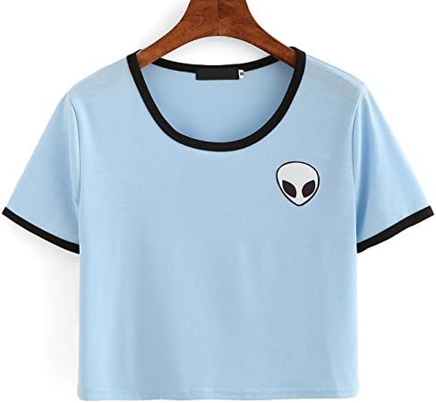 Turbomsun Women Teen Girls 9 Colors Short Sleev Funny Cute Alien Print Exposed Navel T Shirts Crop Top Slim Short Sleeve T-shirt.