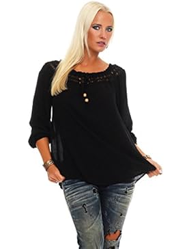 Zarmexx Damenbluse Carmenbluse Langarm Oberteil Carmen-Ausschnitt mit Häkeleinsatz One Size