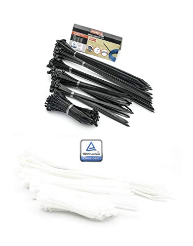 Power-Fix Profi 500 - Juego de bridas para cables (nailon resistente, 250 unidades, 100 x 2,5/200 x 4,8 mm / 300 x 4,8 mm / 200 x 7,6 mm / 300 x 7,6 mm, certificado TÜV), color blanco y negro