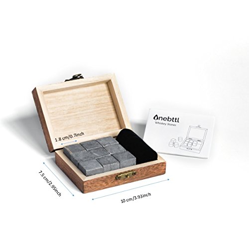 Onebttl Whisky Steine zum Kühlen Ihres Whiskys, Wein und andere Getränke, hält Ihr Getränk kalt, keine Wasserverdünnung und wiederverwendbare Eiswürfel. Satz mit 9 Marmor mit eleganter Holzkiste & Samtbeutel. - 7