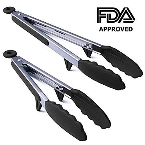 US fine Cuisine produits Premium Pince de cuisine en silicone Lot de 2 (22,9 cm et 30,5 cm) en acier inoxydable anti-adhésif Pince de cuisine en silicone souple Têtes et pieds Design pour la cuisine, salade, barbecue, grillades, DE Service et à frire (Noir) noir