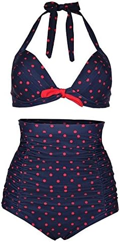 Spring fever Retro Bikini Set 50s Elegant Vintage High Waist Swimsuit Two Piece Halter Neck Floral Swimwear D-Blue Red Dots XXXL (UK: 16-18)
