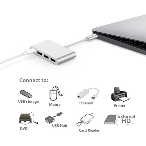 USB-C Hub FeBite 4 In 1 USB 3.0 Typ C Adapter mit Netzteil für Lade- und Datenübertragung, kompatibel mit Macbook Google ChromeBook und anderen Geräten mit USB-C Port (SILVER) - 3