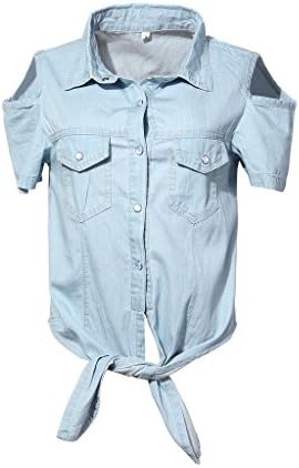 Jusian Teenage Girls's Cold Shoulder Denim Chambray Shirt Short Sleeve Denim Blouse Small Blue