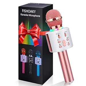 Karaoke Microphone, FISHOAKY Karaoke Bluetooth Machine Portable Mic Player Speaker with LED & Music Singing Voice For Kids Recording for Christmas Birthday Home Party KTV Outdoor (Pink)