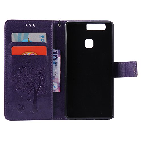 Cozy Hut Mehrfarbige PU Leder Klappe Tasche Schutz Hülle für Huawei P9 Plus in Ölmalerei Stil Colorful Painting Flip Case KunstLedertasche Etui Schutz Hülle Handytasche mit Standfunktion Kartenfächern(Katzen und Baum) – lila - 6