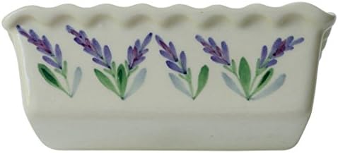 Small 5 Inch Ceramic Deep Butter Dish and Mini Loaf Bread Baking Pan with Scalloped Edges and Decorative Hand Painted Lavender Design