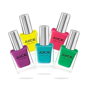JUICE Nail Polish, Glossy Finish, Fuchsia Purple - 30, Bumblebee Yellow - 40, Pink Bubbles - 70, Light Pine Green - 72, Robin Blue, 33Ml, Each 11Ml