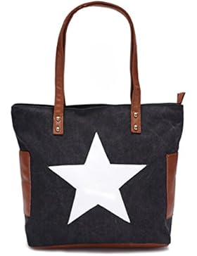 GWELL Vintage Sterne Schultertasche Canvas und Pu Leder Patchwork Tasche Handtasche Umhängetasche