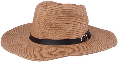 Straw Floppy Sun Hat, Unisex Beach Sun Hats UV Protection Foldable Paper Weaved Hats with PU Leather Belt (Khaki)