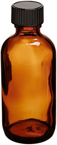 JG Finneran D0161-2 Amber Borosilicate Glass Standard Boston Round Bottle with Black Phenolic Closure, PE Cone Lined, 20-400mm Cap Size, 2oz Capacity (Pack of 24)