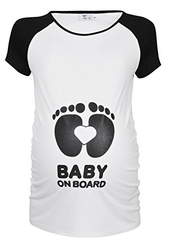 Happy Mama. Woman's Maternity Baby on Board Feet Funny Print T-shirt Top. 575p (White & Black, UK 16/18)