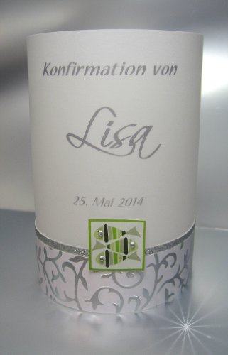 5 Windlichter mit Namen pass. Konfirmationsbuch 14001 grün