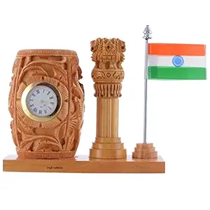 Craft Radhika Wooden Pen stand for Office/Study Table Decoration I Pen holder ashoka with clock flag I Office Desk Organizer I Pen stands