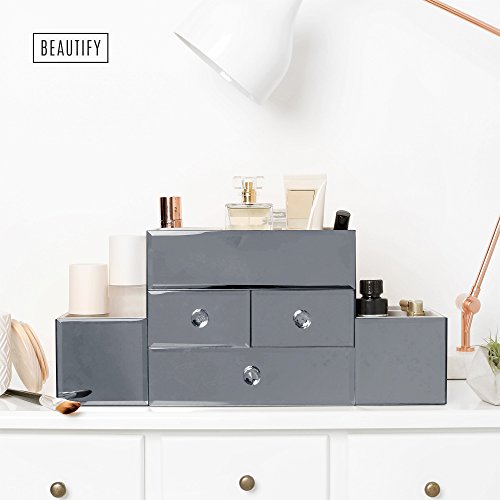 Beautify Rauchgrau Verspiegelte Glas-Schmuckschatulle & Make-up Ordnungssystem mit 3 Schubladen, 9 Aufbewahrungsfächern & Samteinlage inklusive GRATIS Glasreinigungstuch - 2