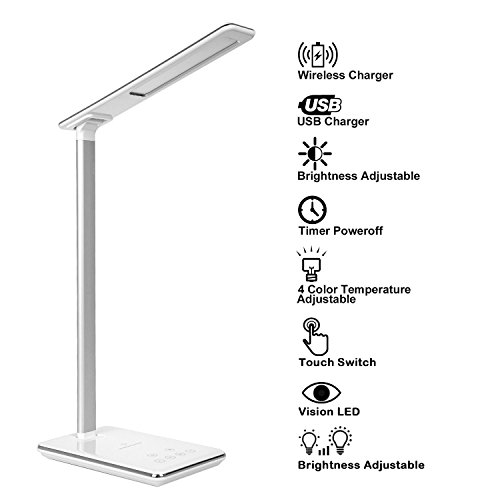 Preisvergleich Produktbild Schreibtischlampe Mit Drahtlosem Telefon-Ladegerät, Augenschutz-Schreibtischlampe Und Drahtloser Ladegerät-Kombination, 5W LED-Nachtlicht, 4 Farbmodi Wireless Charging Qi Wireless-Ladegerä, Touch-Steuerung