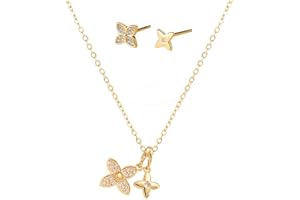 BKEPDY Schmuckset für Damen 2 Stück Vierblättriges Glücksklee Halskette Ohrstecker Strass Brautschmuck Set Kleider Abschlussball Schmuck