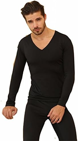 Yall Men'S Underwear Warm Base V Collar Suit Warm Pants Long Sleeved T-Shirt,Black,XXXL
