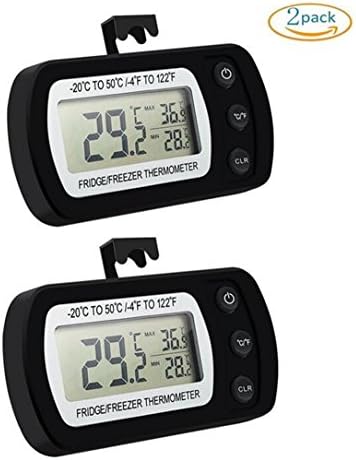 Refrigerator Thermometer 2 Pack, Carryme Waterproof Digital Wireless Fridge Freezer Thermometer Indoor Temperature Monitor With Hook Easy to Read LCD Display and Max/Min Function from -20 to 50 Degree (-4 to 122 Fahrenheit),Perfect for Home Restaurants Bars Cafes, Black