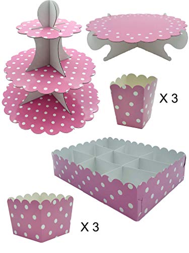 KADISA KIT COMPLETO MESA DULCE PARA CELEBRACIONES, CUMPLEAÑOS, BODAS, COMUNIONES, FIESTAS, CANDY BAR (Lunares Rosa Pastel)