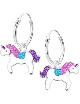 GH1a Glitzer Einhorn Creolen Ohrringe 925 Echt Silber Mädchen Pferd Emaille 0004