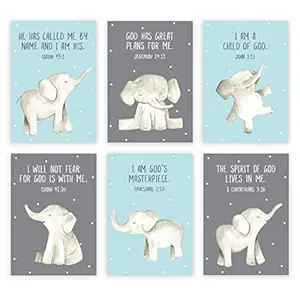 INKOLOGIE Christian Bible Verses Quotes Nursery Kids Room Bed Hanging Wall Art Decor Poster Print, A4 Size 8.25 x 11.75-inch, Elephants, Baby Blue, I Am a Child of God, 6-Pack, No Frame