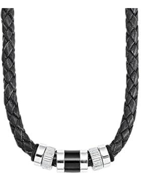s.Oliver Herren-Kette Männerkette 45+3 cm Edelstahl Beads Leder geflochten schwarz