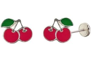 Minoplata Pendientes infantiles cerezas de Plata con cierre seguridad rosca