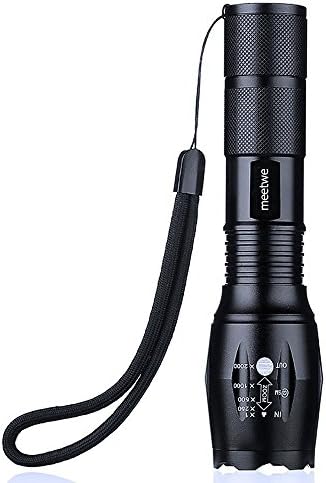 meetwe LED Torch SUPER BRIGHT Water-proof Flashlight LED Pocket Camping Torch 5-mode Zoomable Focus Tactical LED Outdoor Black 3*AAA Batteries