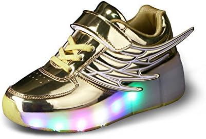 Luckly Grace LED Light up Wheel Roller Skate Shoes with Wings Retractable Outdoor Sport Flashing Sneaker for Boys Girls (13 UK Child, Gold)