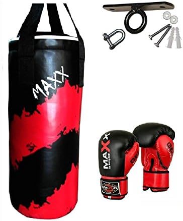 Maxx Junior punch bag set Blk/Sil A with 6oz gloves, hook or bracket, kids boxing , mma training (blk/Silv - Hook)