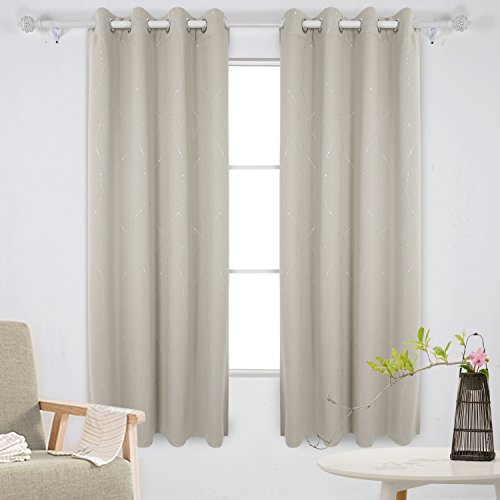 Deconovo Super Soft Dotted Line Foil Printed Thermal Insulated Blackout Curtains Window Treatment Eyelet Blackout Curtains for Nursery with Two Matching Tie Backs 46 x 54 Inch Beige Two Panels