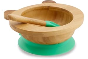 GREENBOX Bambusschalen-Set Panda I Saugnapf-Schüssel mit Löffel - FSC-zertifiziert I tolles Bambus Holz-Schüssel-Set f. Kinder - Baby-Brei-Schüssel & Müslischale I Baby Bambus-Geschirr grün