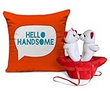 Tied Ribbons Karwa Chauth Wife Gift,Gift for Her Combo Pack(Satin Printed Cushion with Filler and Couple Teddy Bear)