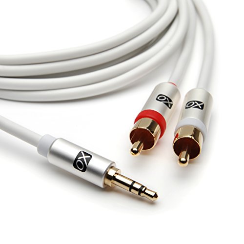 XO 3,5mm männlich auf 2 x RCA männlich Stereo Audio Kabel – 3,5 Buchse RCA männlich auf männlich – 7.5m weiß- Vergoldete Stecker. - 3