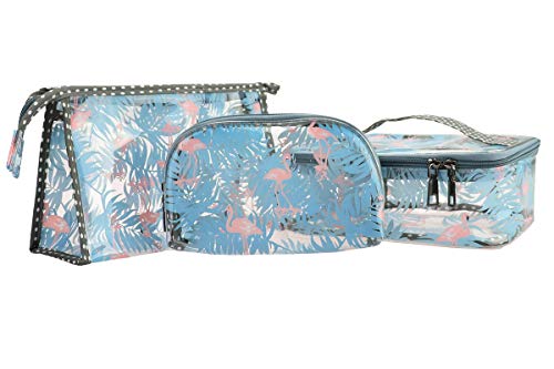 Trousse de Toilette Transparente en PVC de 3 pièces pour liquides dans Un Bagage à Main et Un Avion (Flamingo-D)