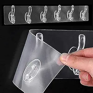 JENICO HUB Adhesive Wall Hooks - Wall-Sticking Hooks Without Punching and Nails Waterproof Oil-Proof Heavy-Duty Self for Bathroom Kitchen Transparent 6 in 1 Hook Holder 6kg Max Hooks