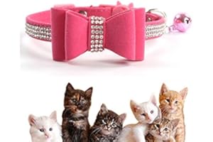 KINGKINDSUN Quick Release Cat Collar with Bell and Bow Tie,Bling Rhinestones and Adjustable Safety Kitten Collar Soft Leather,Kitty and Some Puppies Safety Collars (Pink/6.8-10.8 in)