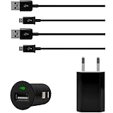 Lieferumfang: 1x Netzteil/Wandladegerät + 1x KFZ Ladeadapter + 2x Micro USB Ladekabel/Datenkabel (1m)