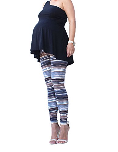 Maternity Stripes Leggings Over bump, Brown, Black,Beige Stripes, No See Through Maternity Leggings (M)