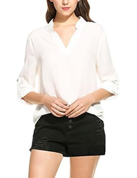 OURS Damen Sommer V-Ausschnitt Rüschen Chiffon Langarm Bluse Lose Oberteile T-Shirt Langarmshirt