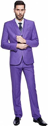 GOMY Men's Slim Fit 3 Piece Suits One Button Business Wedding Party Tuxedo Blazer Jackets Vest&amp;Trousers (XS, Violet)