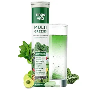 Zingavita Sugar Free Plant Based Natural Multivitamin Effervescent Tablets | Daily Greens Supplement for Immunity & Detox | Infused with Vitamin C, B3, B5, B6, B12, Iron, Zinc | Made with Superfoods & Antioxidants like Spirulina, Moringa, Spinach for daily wellness | 20 Tablets