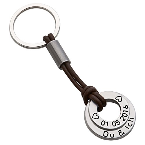Preisvergleich Produktbild Schlüsselanhänger Geschenk individuelle Wunschtext Gravur Doppelanhänger aus Edelstahl mit Lederband individuell graviert