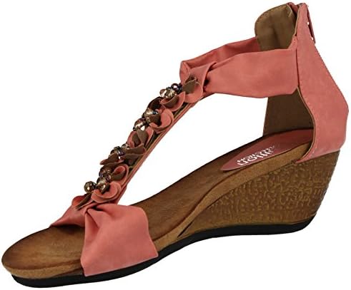 Ladies Faux Leather Look Fashion T-Bar Flower Bead Mid Wedge Sandal Shoe Size 3-8 (UK 5/EU 38, Coral)