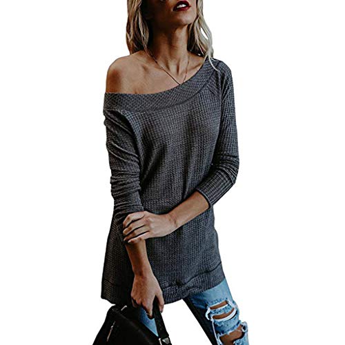 Preisvergleich Produktbild BaZhaHei Mode Frauen Schulterfrei Farbblock Pullover Knöpfe Gestrickte Lange Pullover Top Bluse Langarmshirts Hemd Pullover Sweatshirt Oberteil Shirts