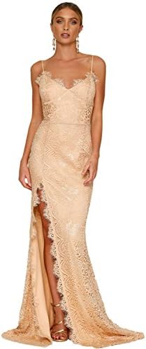 Yiyada Women's Yum Lacy Lace Maxi Long Cocktail Bridal Wedding Party Gown Dress (S, Nude)