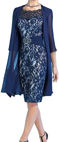 WDH Dress Navy Blue Knee Length Mother Of The Bride Dress with free Jacket Evening Dress 12