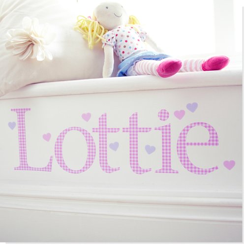 Personalised Name Wall Letter Stickers, Pink Gingham i, 10-16 cm high. Each letter comes with one lilac heart and one pink heart sticker. A-Z a-z &. Price is per letter.