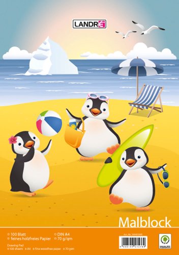 LANDRÉ 100050458 Malblock | 5er Pack | A4 | 100 Blatt | 70 g/m² | holzfrei | kopfgeleimt | Motiv: 3 Tier-Motive sortiert